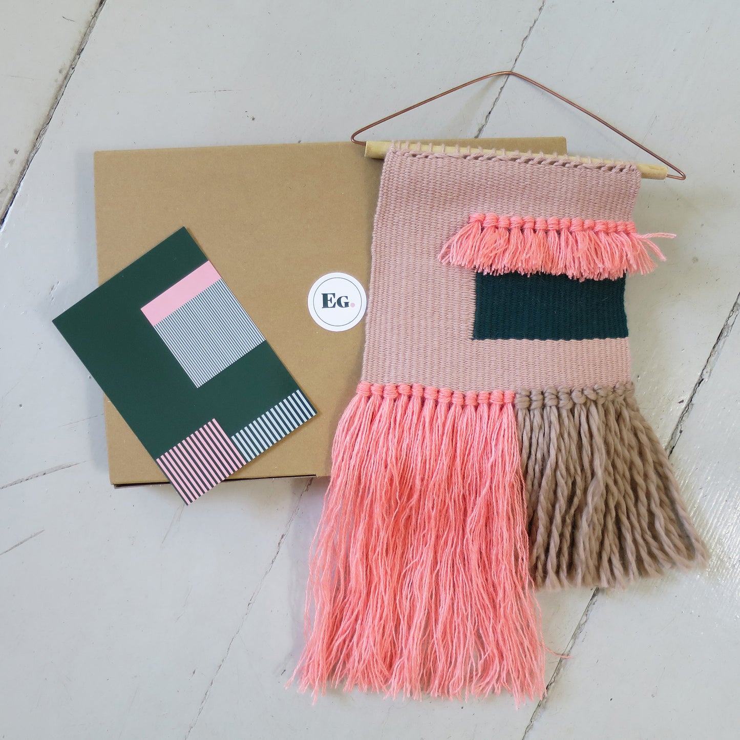 wall hanging | peach + forest green colour block